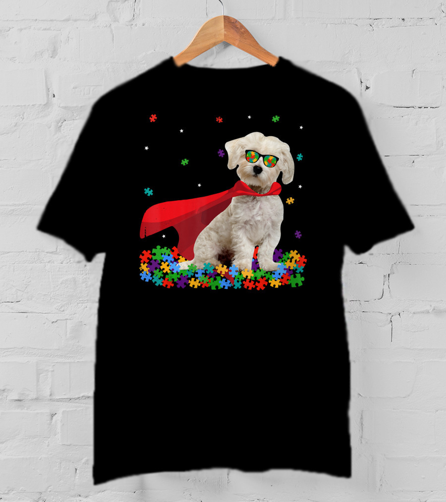 Superhero Maltese Dog Puzzle Pieces Autism Awareness T-Shirt
