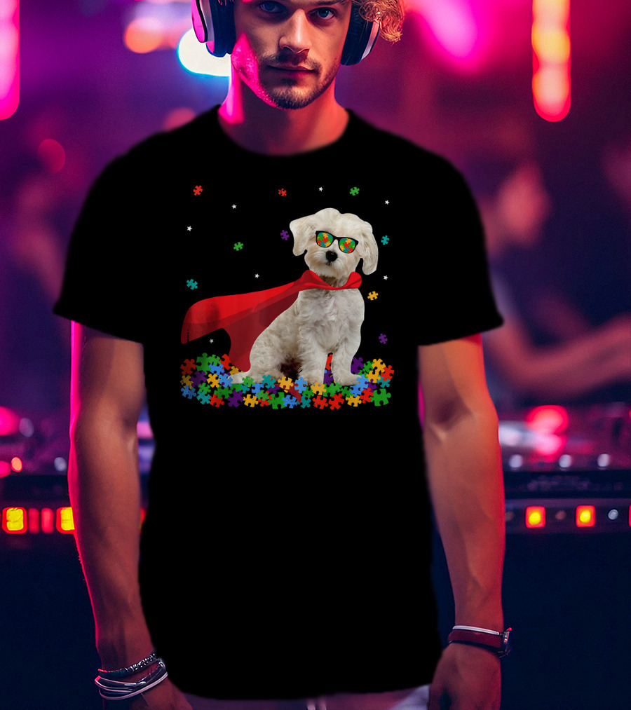 Superhero Maltese Dog Puzzle Pieces Autism Awareness T-Shirt