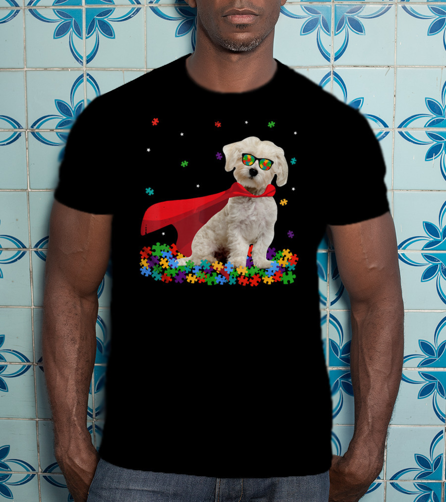 Superhero Maltese Dog Puzzle Pieces Autism Awareness T-Shirt