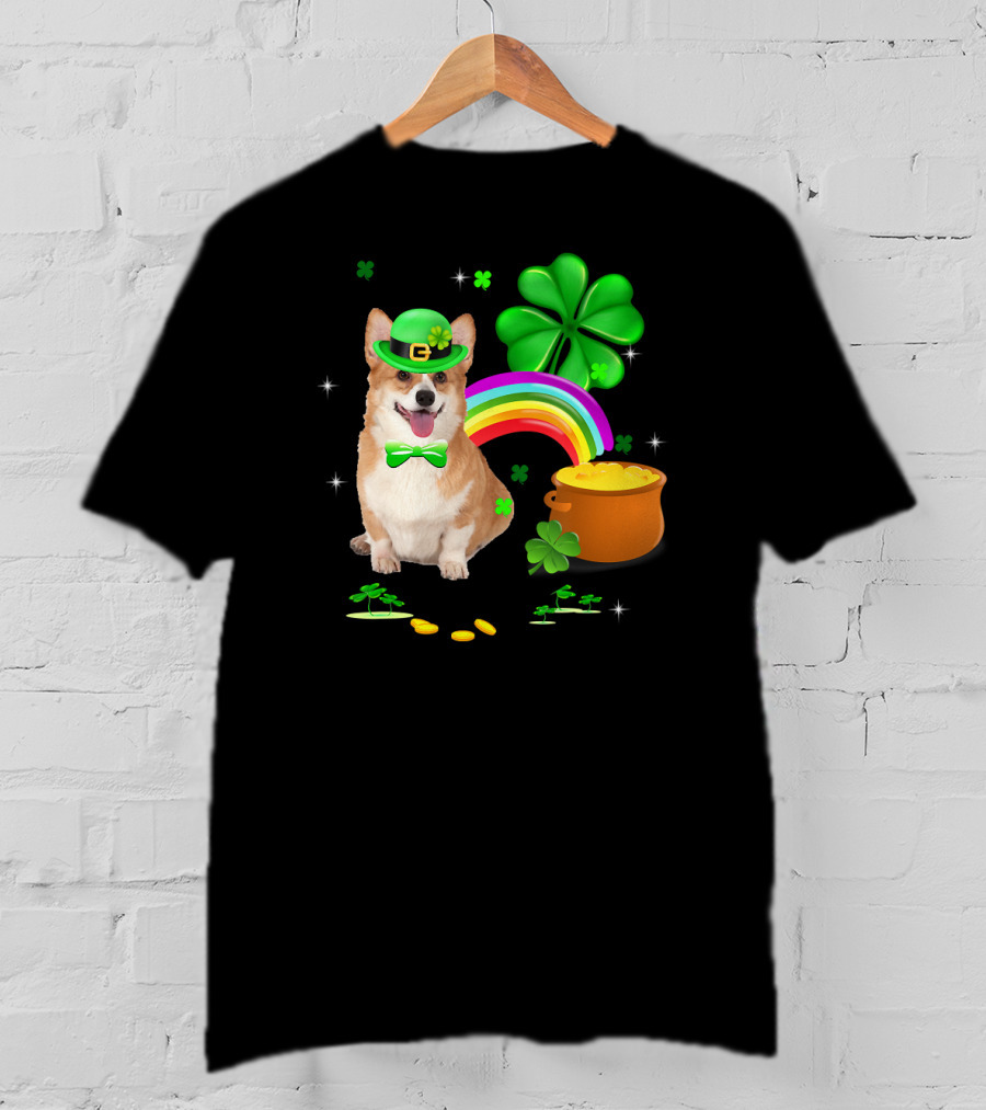 Corgi Dog Shamrock St Patricks Day Leprechaun Rainbow Pot Of Gold T-Shirt