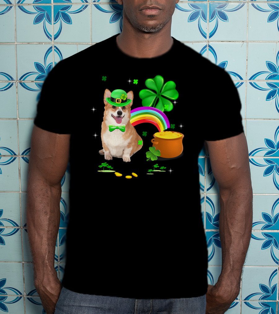 Corgi Dog Shamrock St Patricks Day Leprechaun Rainbow Pot Of Gold T-Shirt