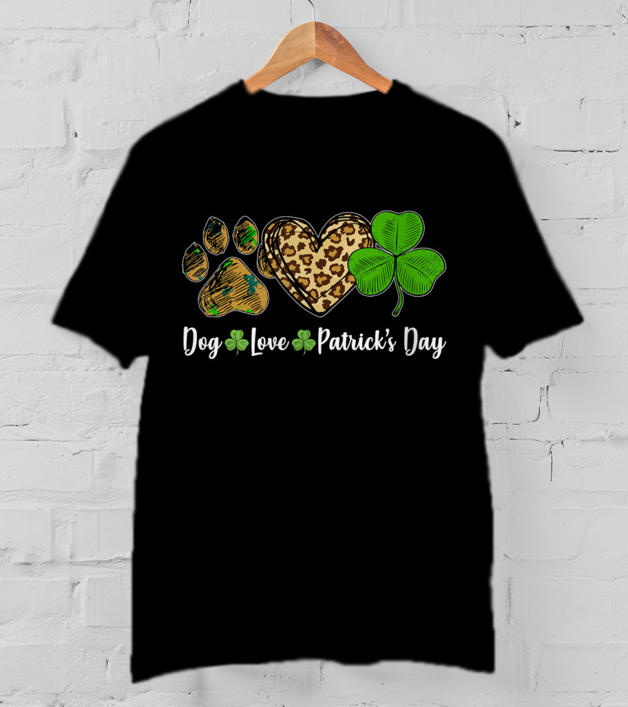 Dog Love Leopard Shamrock Patrick's Day T-Shirt