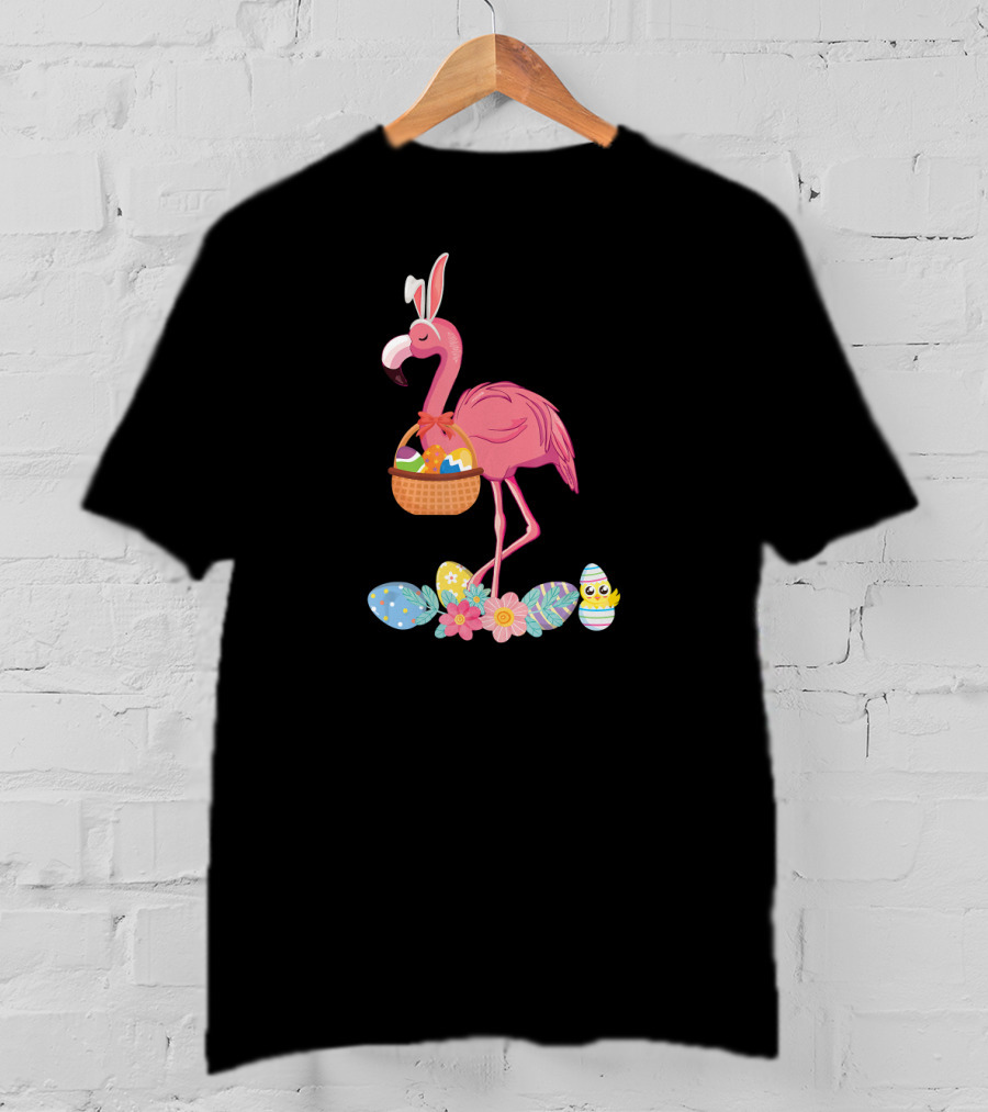 Easter Flamingo Bunny With Easter Egg Basket And Floral Eggs T-Shirt