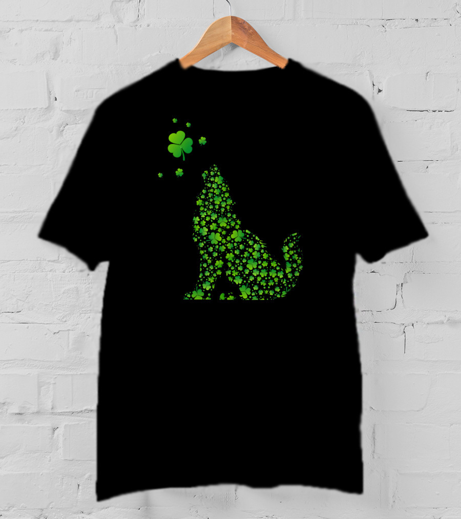 Shamrock Patterned Wolf With Clover Accents T-Shirt