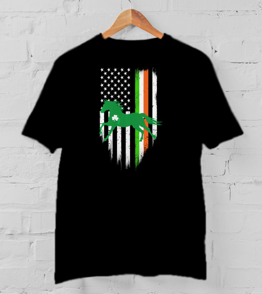 Green Horse Shamrock With Irish And US Flag St Patrick's Day T-Shirt