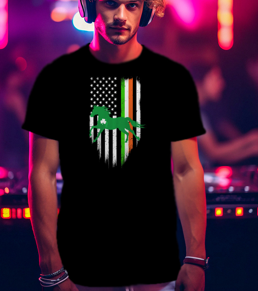 Green Horse Shamrock With Irish And US Flag St Patrick's Day T-Shirt