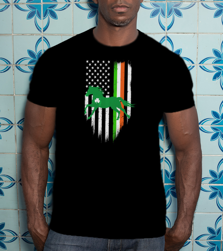 Green Horse Shamrock With Irish And US Flag St Patrick's Day T-Shirt