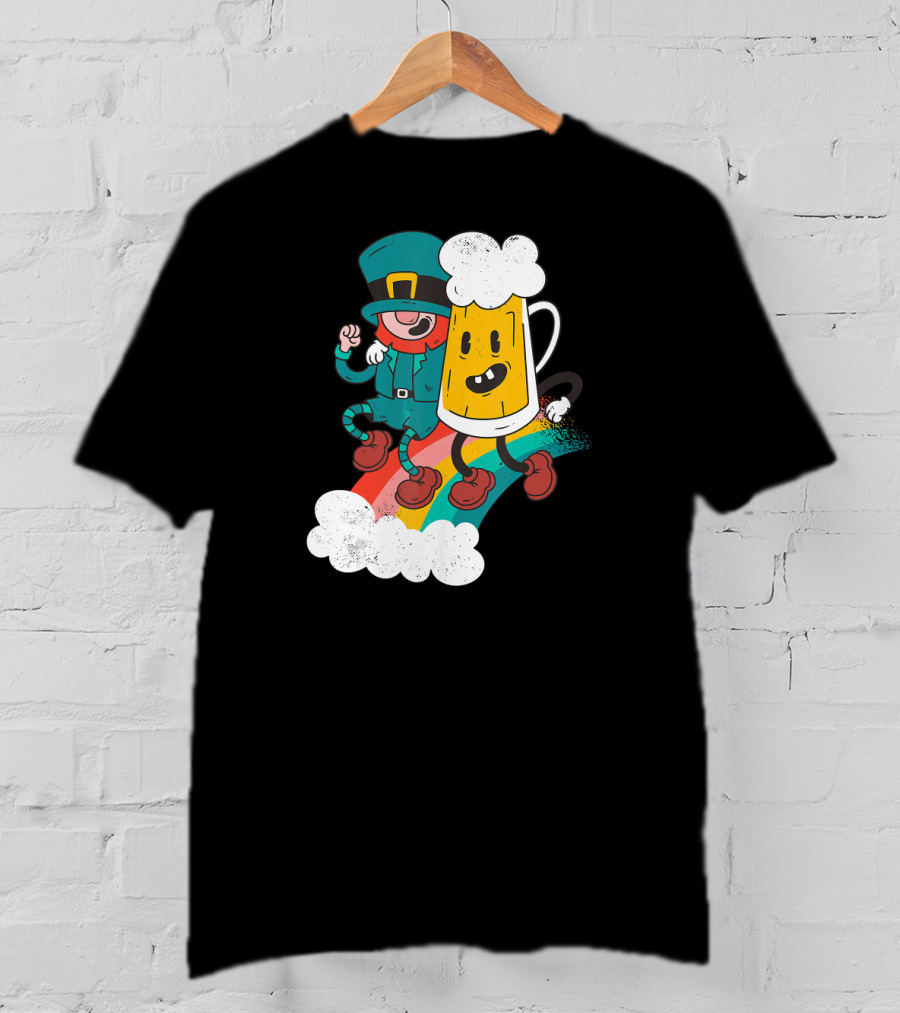 Leprechaun And Beer Besties Riding Rainbow With Clouds T-Shirt
