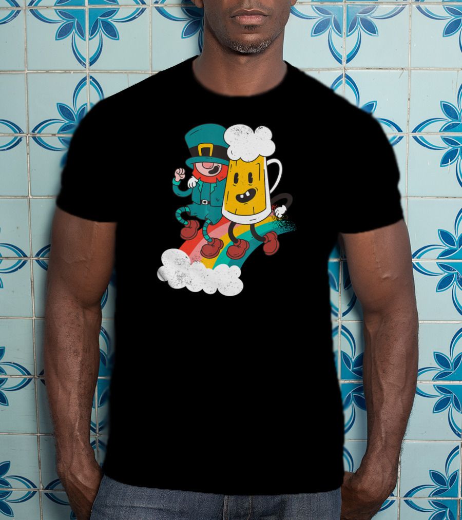 Leprechaun And Beer Besties Riding Rainbow With Clouds T-Shirt