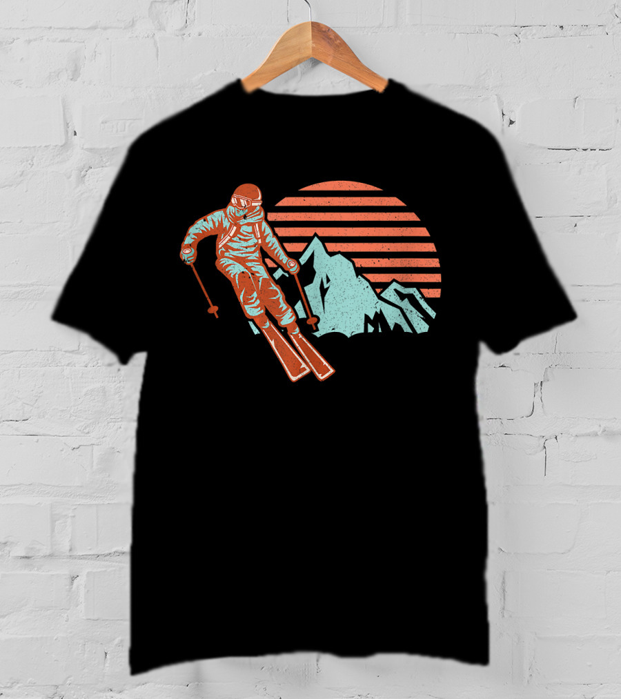 Retro Ski Vintage Ski Mountain Sunset Skier T-Shirt