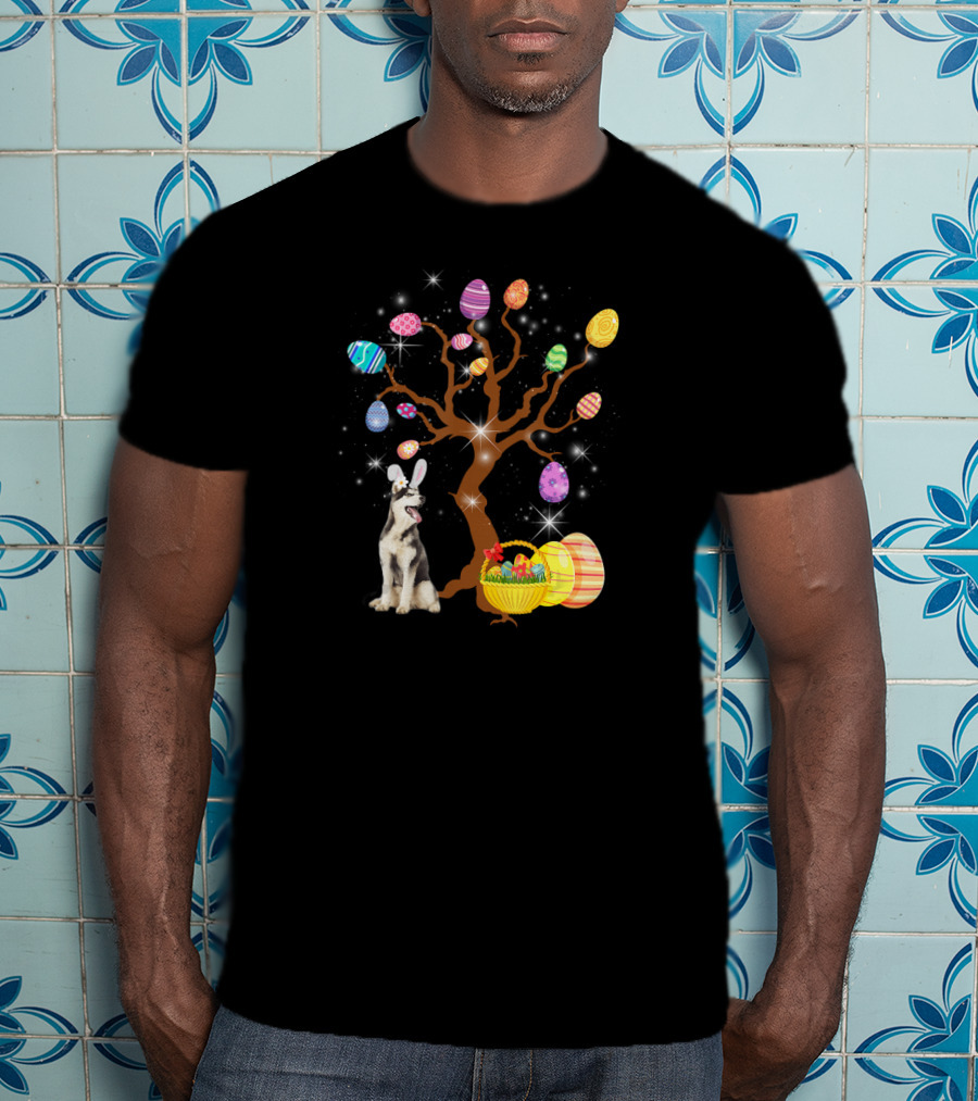 Siberian Husky Easter Egg Hunt With Basket And Tree Of Colorful Eggs T-Shirt