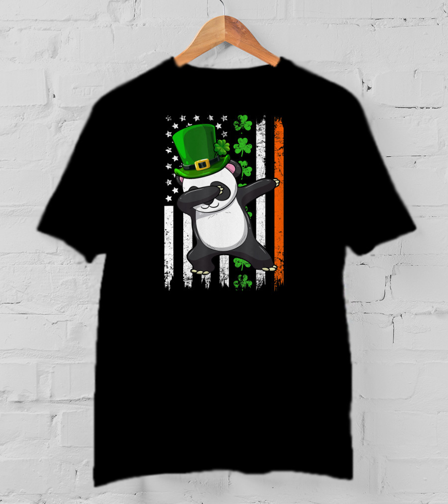 Dabbing Panda Leprechaun Shamrock Green Hat St Patrick's Day Irish Flag T-Shirt