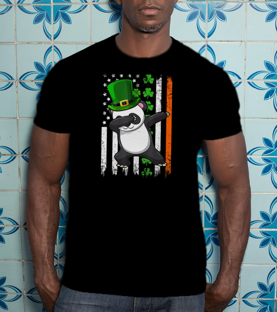 Dabbing Panda Leprechaun Shamrock Green Hat St Patrick's Day Irish Flag T-Shirt