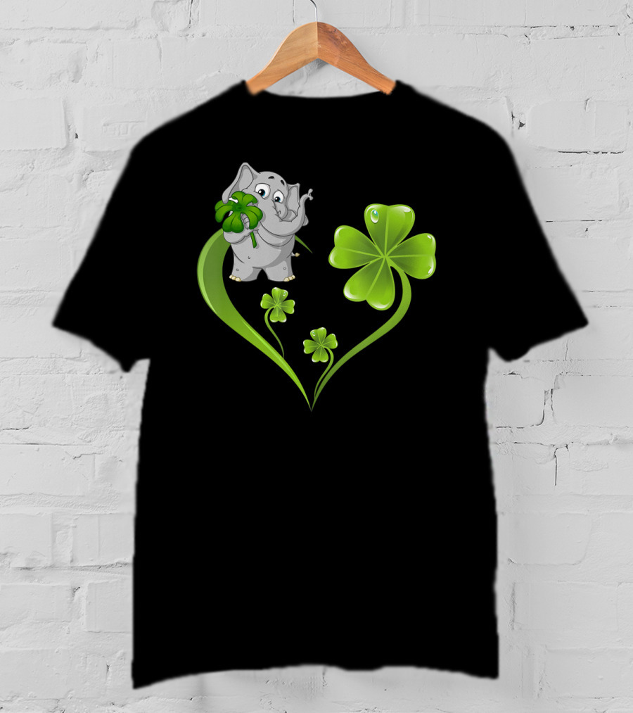Elephant With Shamrock Heart And Clover Leaves T-Shirt