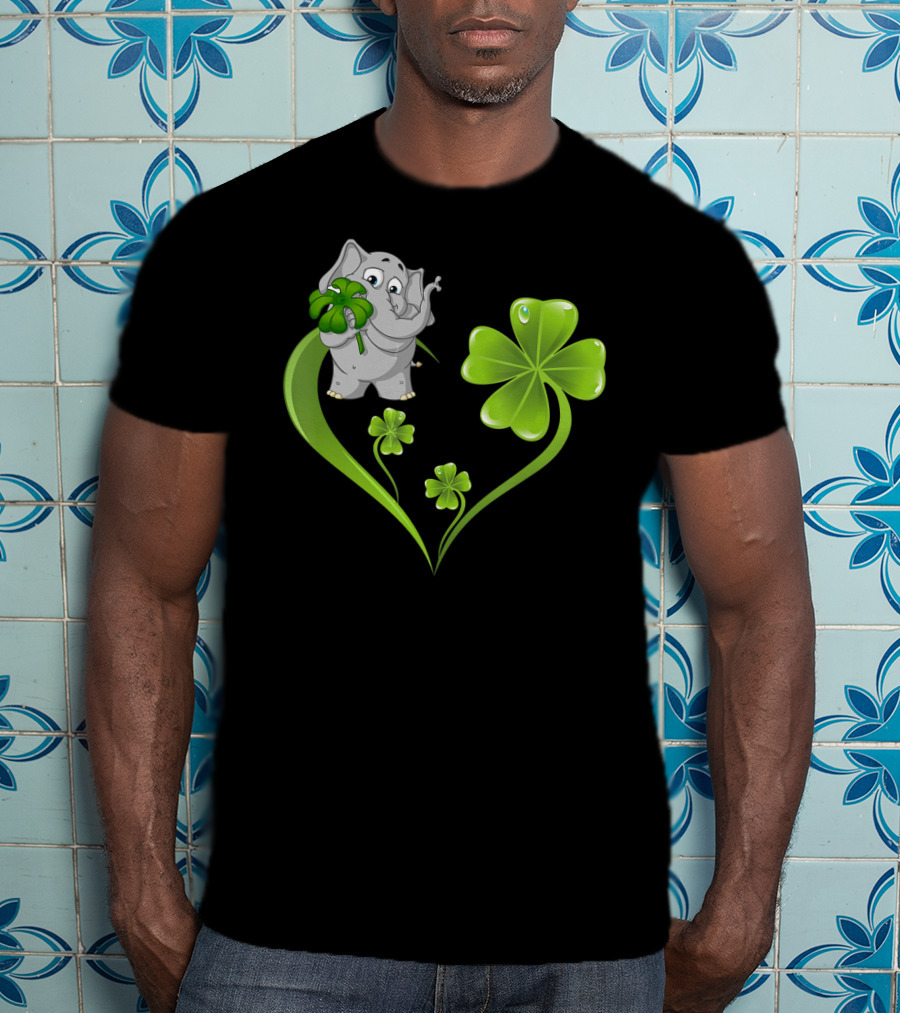 Elephant With Shamrock Heart And Clover Leaves T-Shirt
