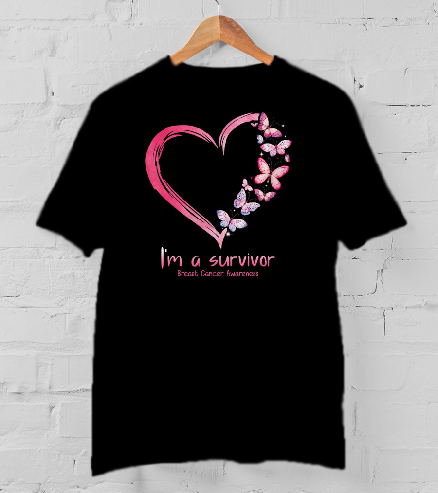 I'm A Survivor Breast Cancer Awareness Pink Heart Butterfly T-Shirt