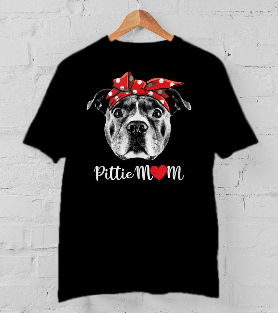 Pittie Mom Heart Pitbull Dog Red Polka Dot Bow T-Shirt