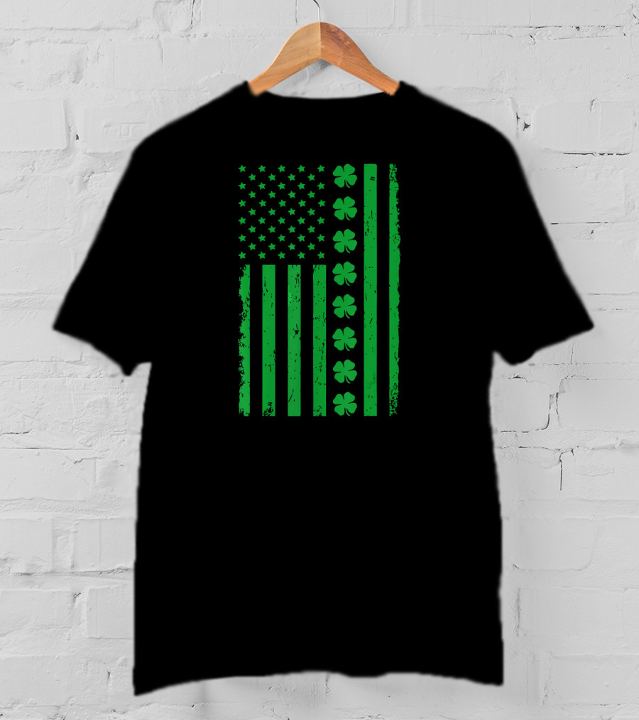 St Patrick Day Green Shamrock Irish American Flag T-Shirt