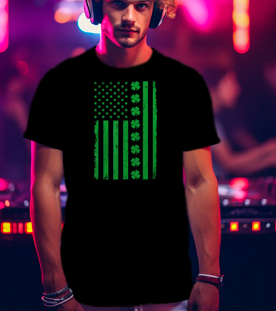 St Patrick Day Green Shamrock Irish American Flag T-Shirt