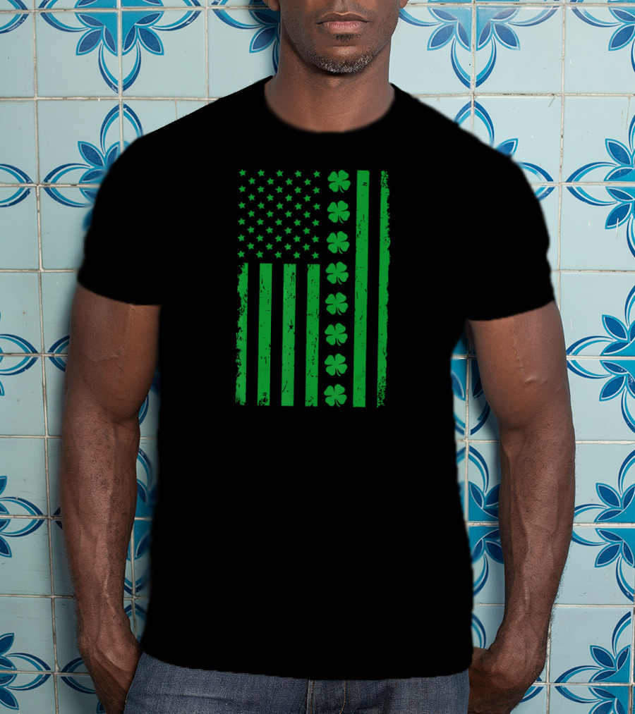 St Patrick Day Green Shamrock Irish American Flag T-Shirt