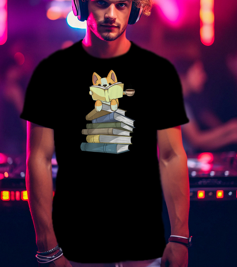 Welsh Corgi Reading Books With Coffee T-Shirt
