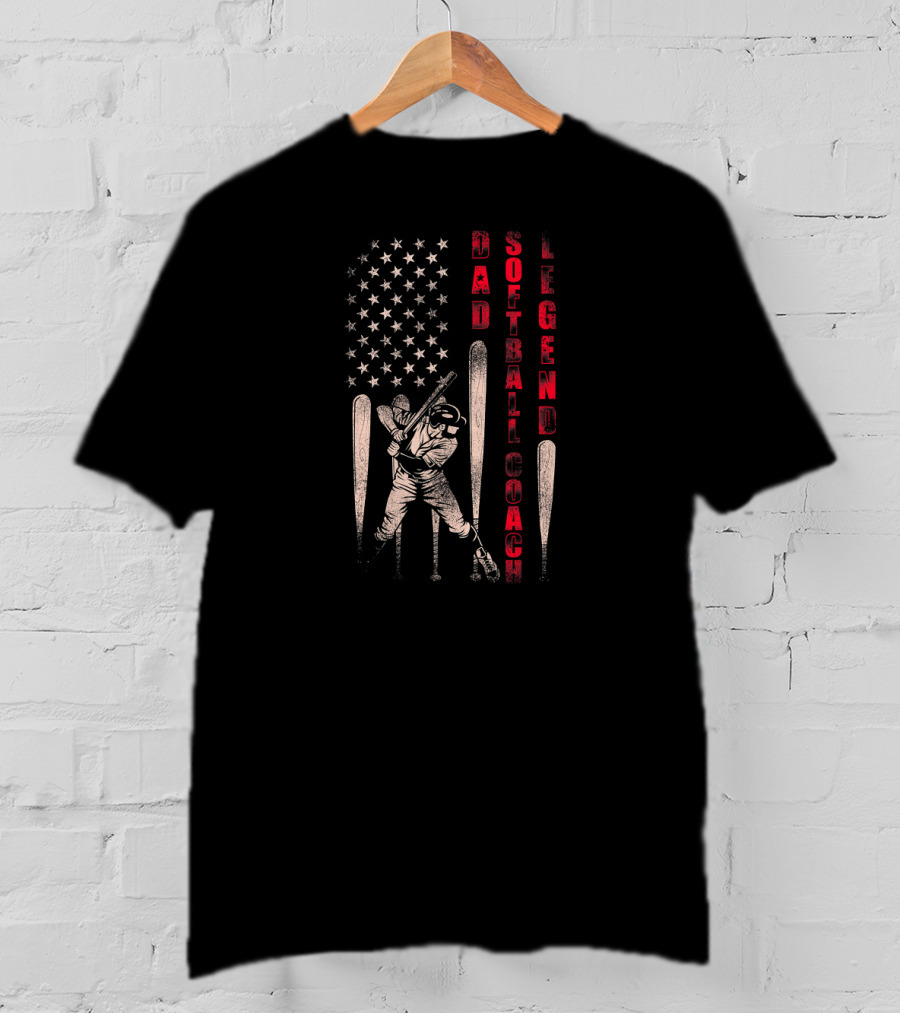 Dad Softball Coach Legend Distressed Flag Baseball Player Iconic American T-Shirt
