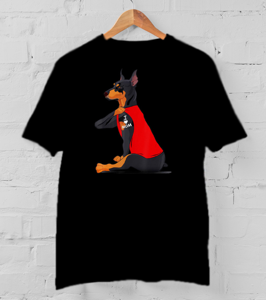 Doberman With Red Shirt And I Love Mom Tattoo T-Shirt