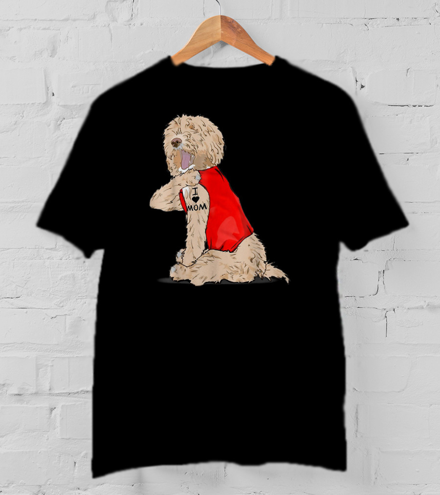 Labradoodle I Love Mom Tattoo Funny Dog In Red Vest Sitting Pose T-Shirt