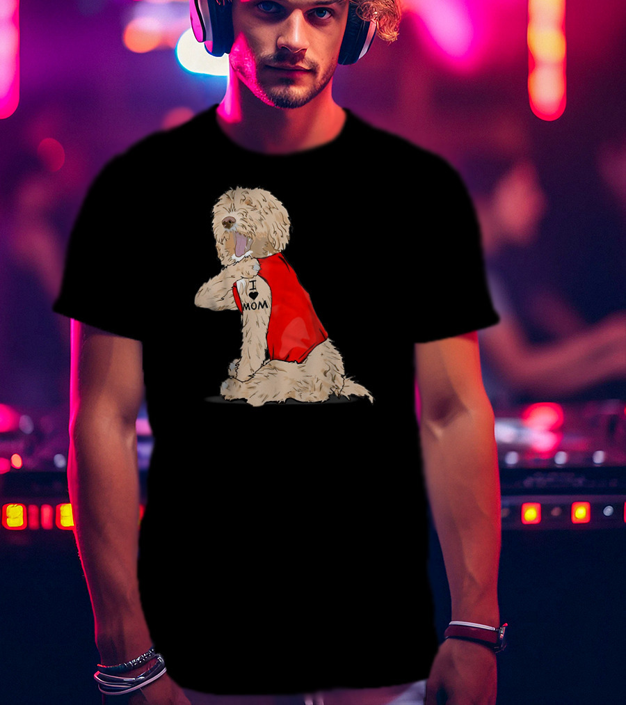 Labradoodle I Love Mom Tattoo Funny Dog In Red Vest Sitting Pose T-Shirt