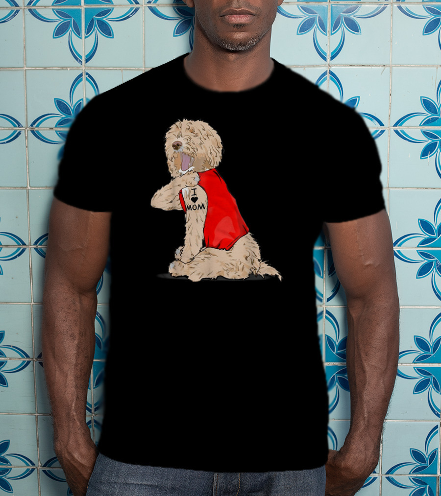 Labradoodle I Love Mom Tattoo Funny Dog In Red Vest Sitting Pose T-Shirt