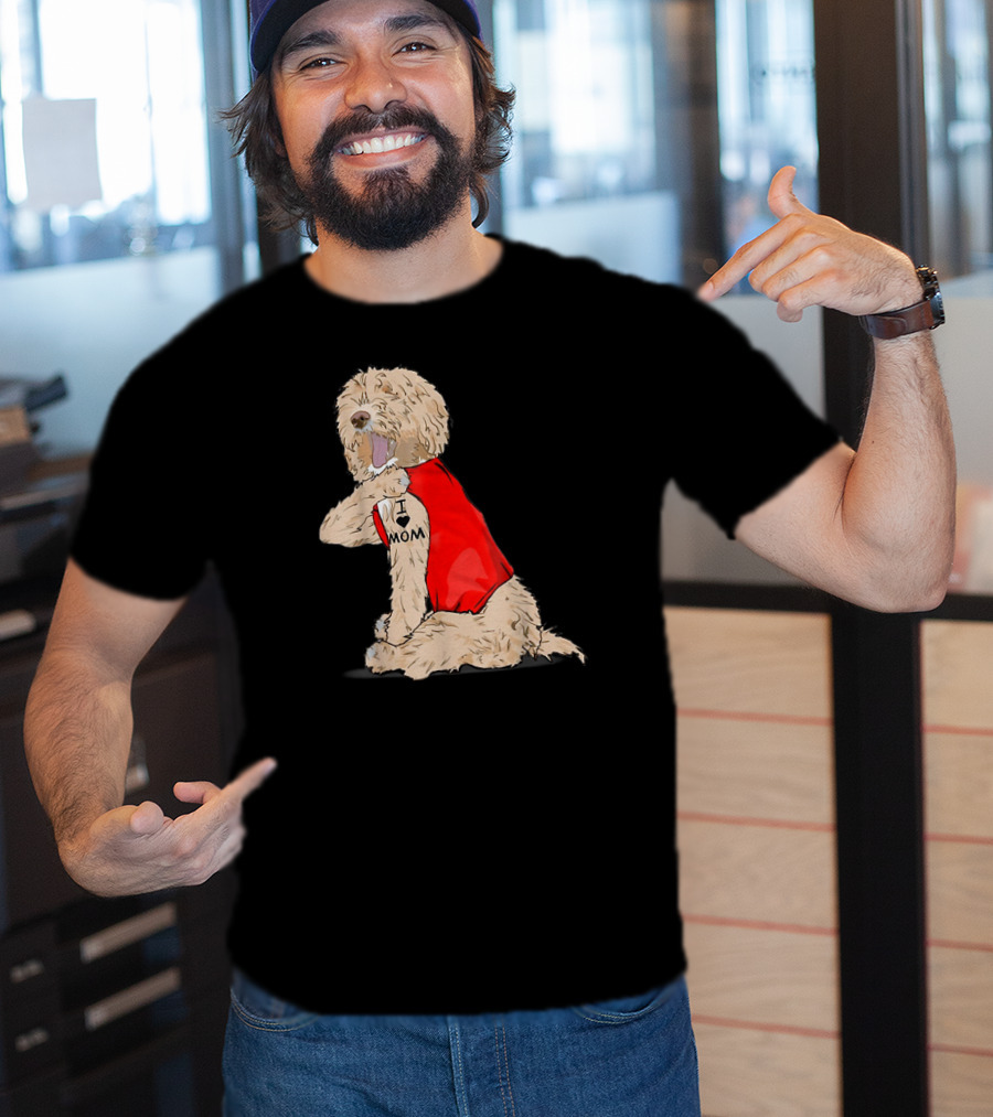 Labradoodle I Love Mom Tattoo Funny Dog In Red Vest Sitting Pose T-Shirt