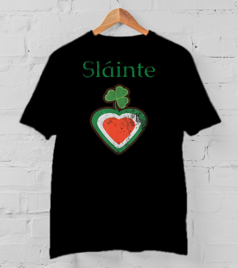 Sláinte Irish Shamrock Heart Green White Red T-Shirt