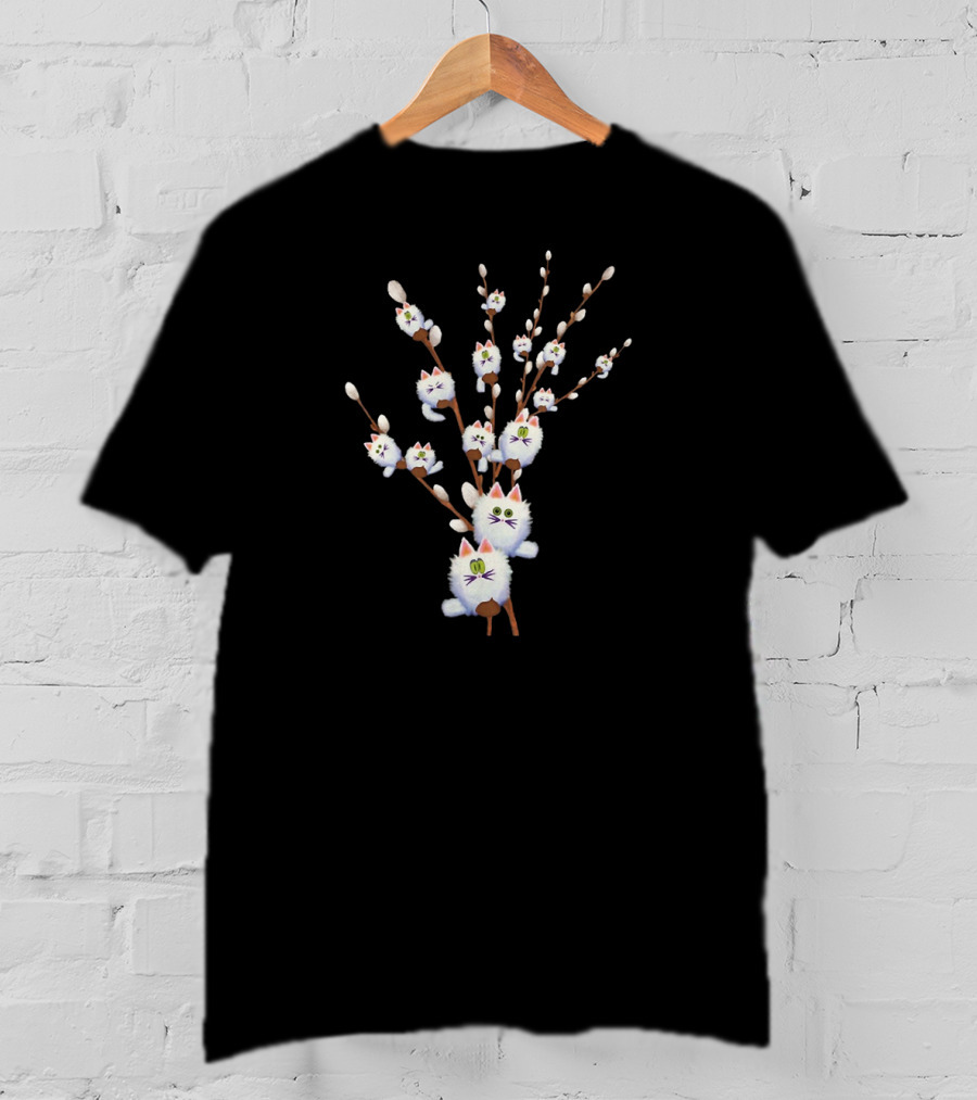 White Cat With Willow Flowers And Floral Cats T-Shirt