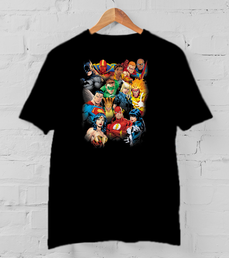 Justice League The League's All Here Heroes Unite Iconic Team Members T-Shirt