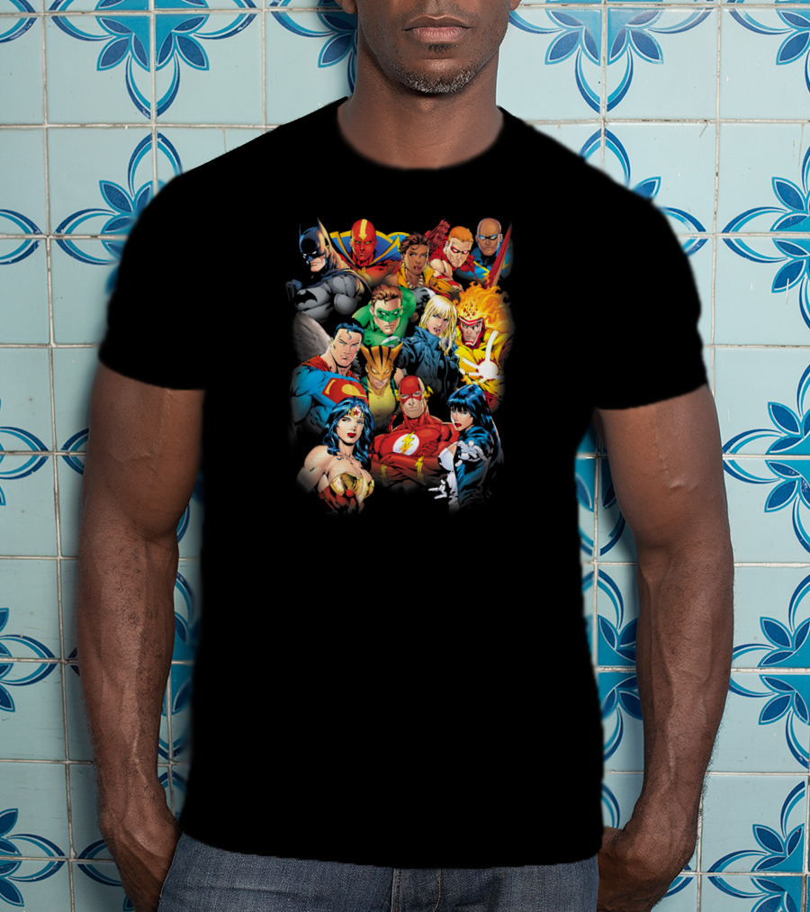 Justice League The League's All Here Heroes Unite Iconic Team Members T-Shirt