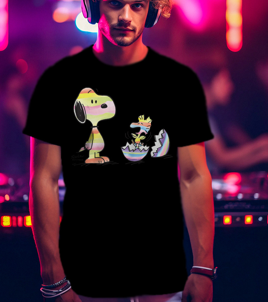 Peanuts Snoopy Woodstock Colorful Easter Egg Stripes T-Shirt