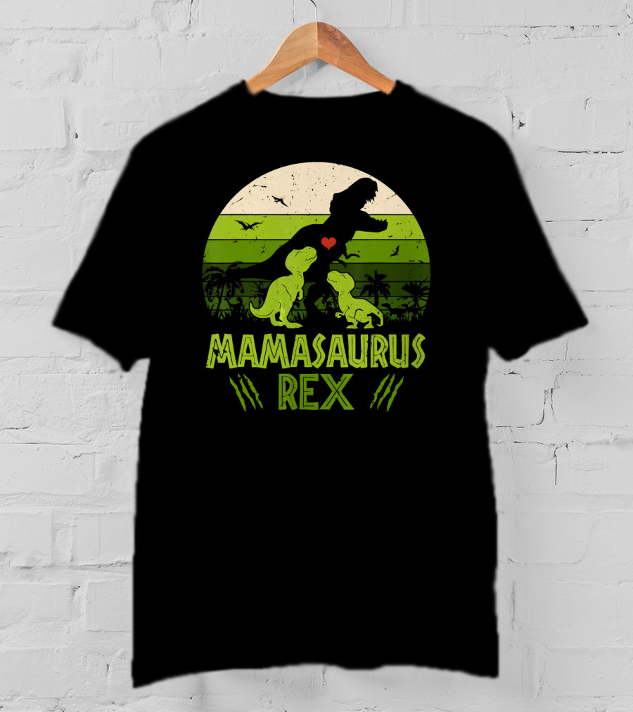 Mamasaurus Rex Dinosaur Lover Heart Jungle Scene With Two Kids T-Shirt