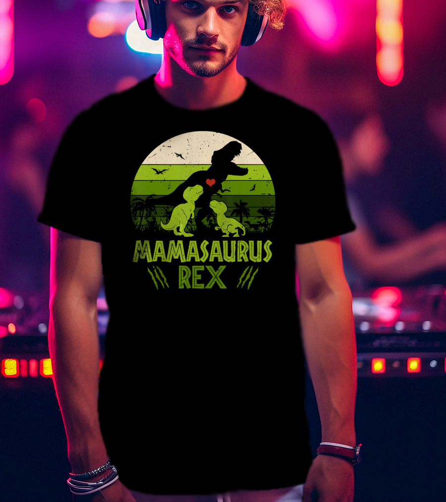 Mamasaurus Rex Dinosaur Lover Heart Jungle Scene With Two Kids T-Shirt