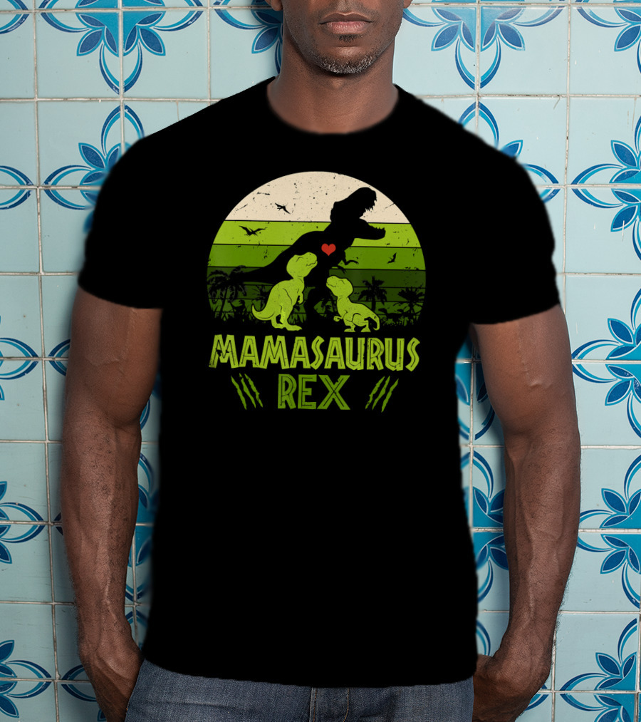 Mamasaurus Rex Dinosaur Lover Heart Jungle Scene With Two Kids T-Shirt