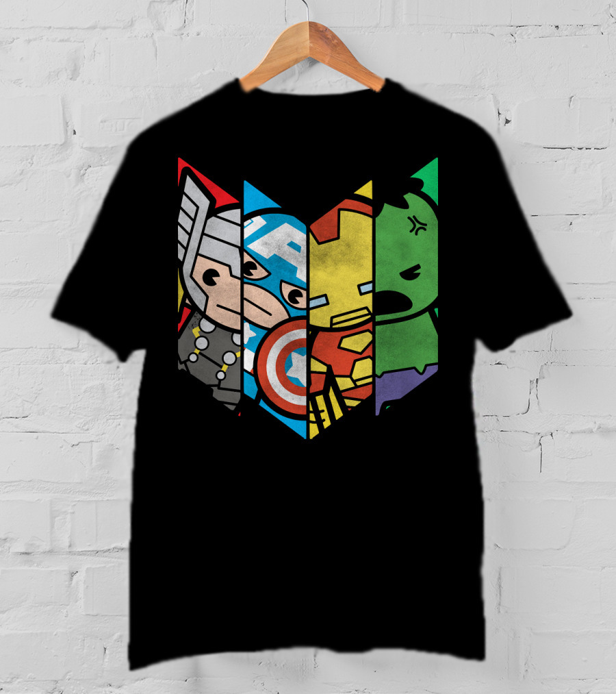 Marvel Avengers Cartoon Thor Captain America Iron Man Hulk Shield T-Shirt
