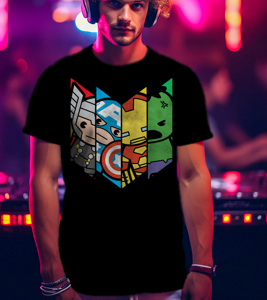 Marvel Avengers Cartoon Thor Captain America Iron Man Hulk Shield T-Shirt