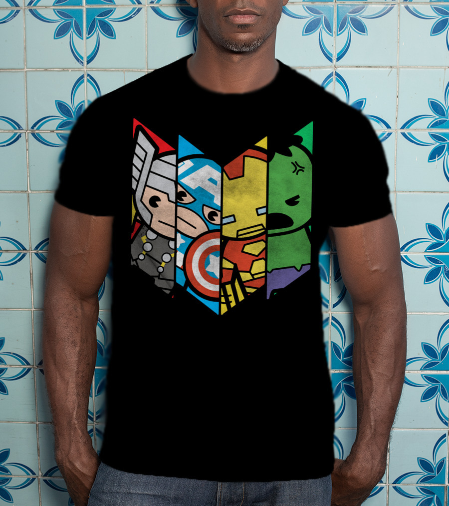 Marvel Avengers Cartoon Thor Captain America Iron Man Hulk Shield T-Shirt