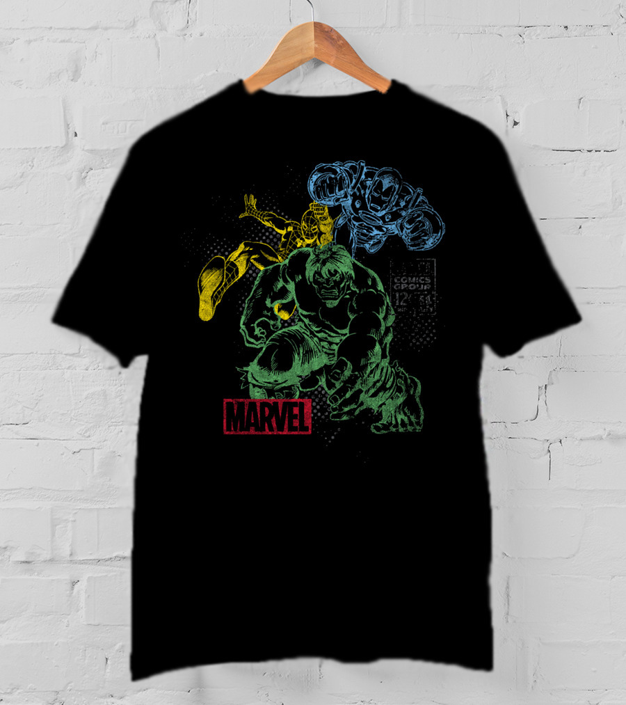 Marvel Hulk Iron Man Spider-Man Vintage Comic Group T-Shirt