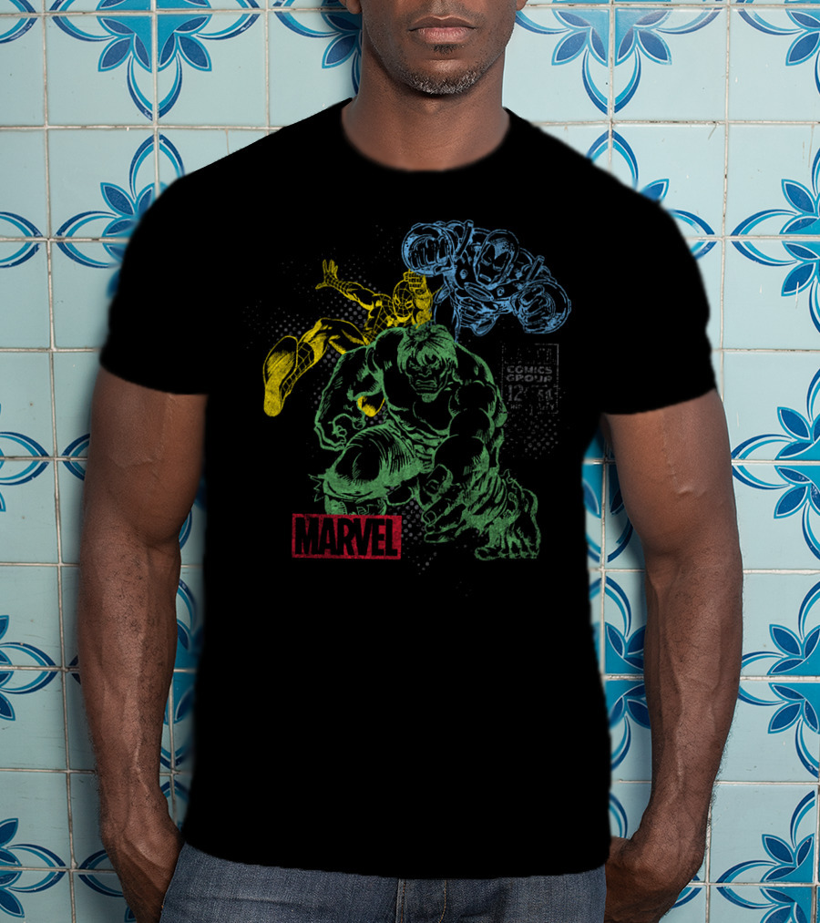 Marvel Hulk Iron Man Spider-Man Vintage Comic Group T-Shirt