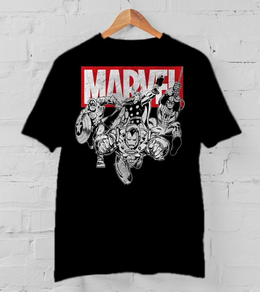 Marvel Avengers Captain America Thor Spider-Man Iron Man Grayscale T-Shirt