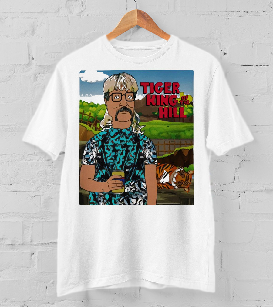 Tiger King Of The Hill In Cartoon Style With Tiger And Guy Holding Drink T-Shirt