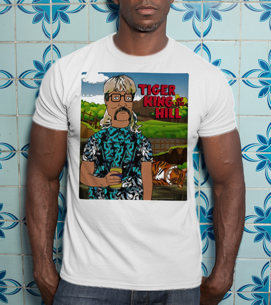 Tiger King Of The Hill In Cartoon Style With Tiger And Guy Holding Drink T-Shirt