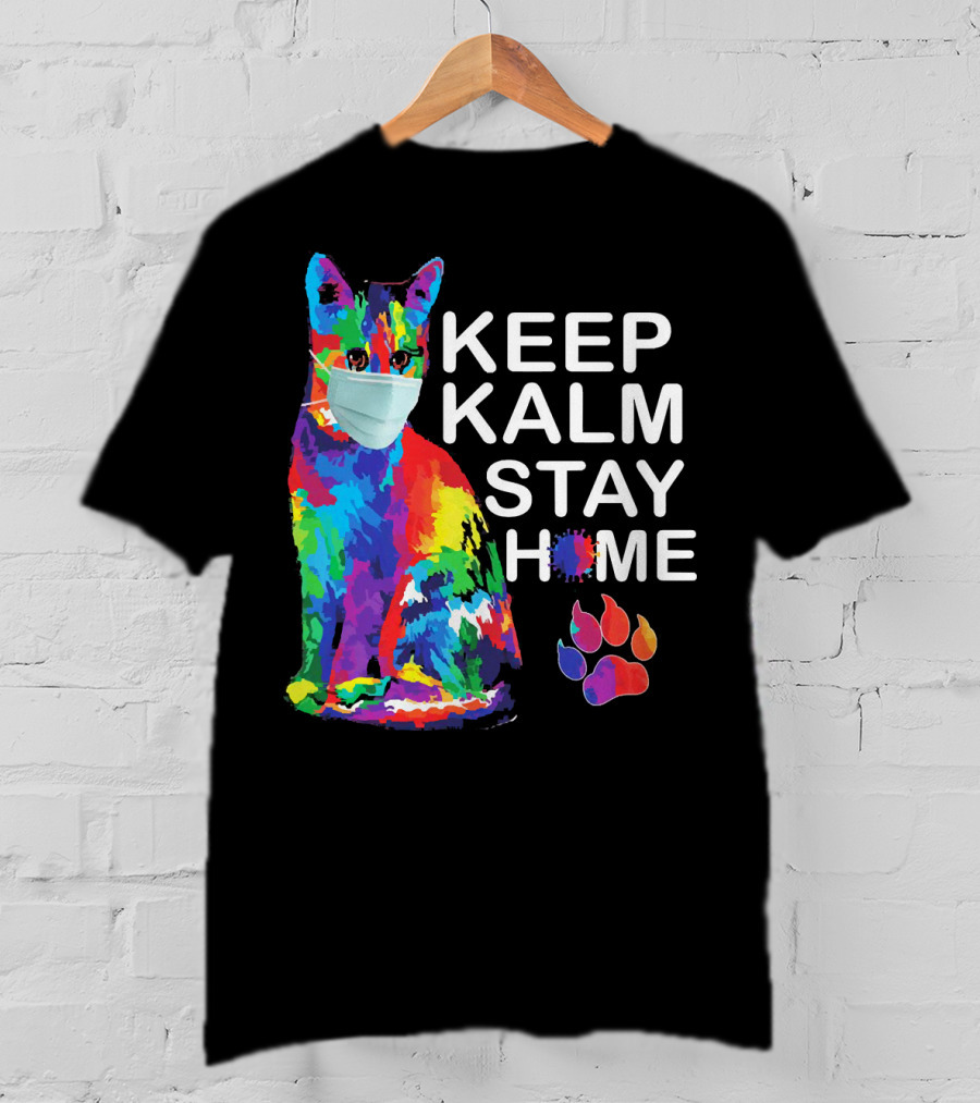 Colorful Masked Cat Keep Kalm Stay Home Ladies T-Shirt