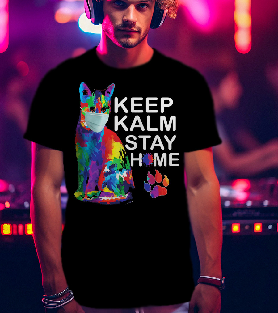Colorful Masked Cat Keep Kalm Stay Home Ladies T-Shirt