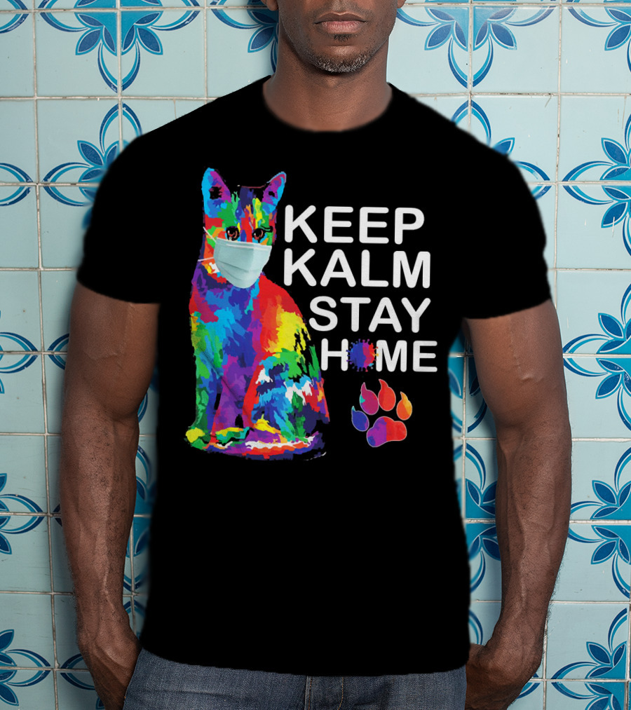 Colorful Masked Cat Keep Kalm Stay Home Ladies T-Shirt